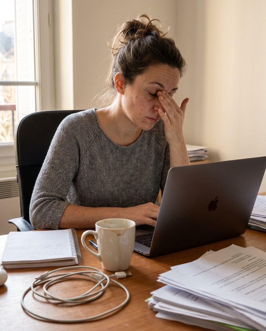 Femme fatiguée devant son écran à 17 h