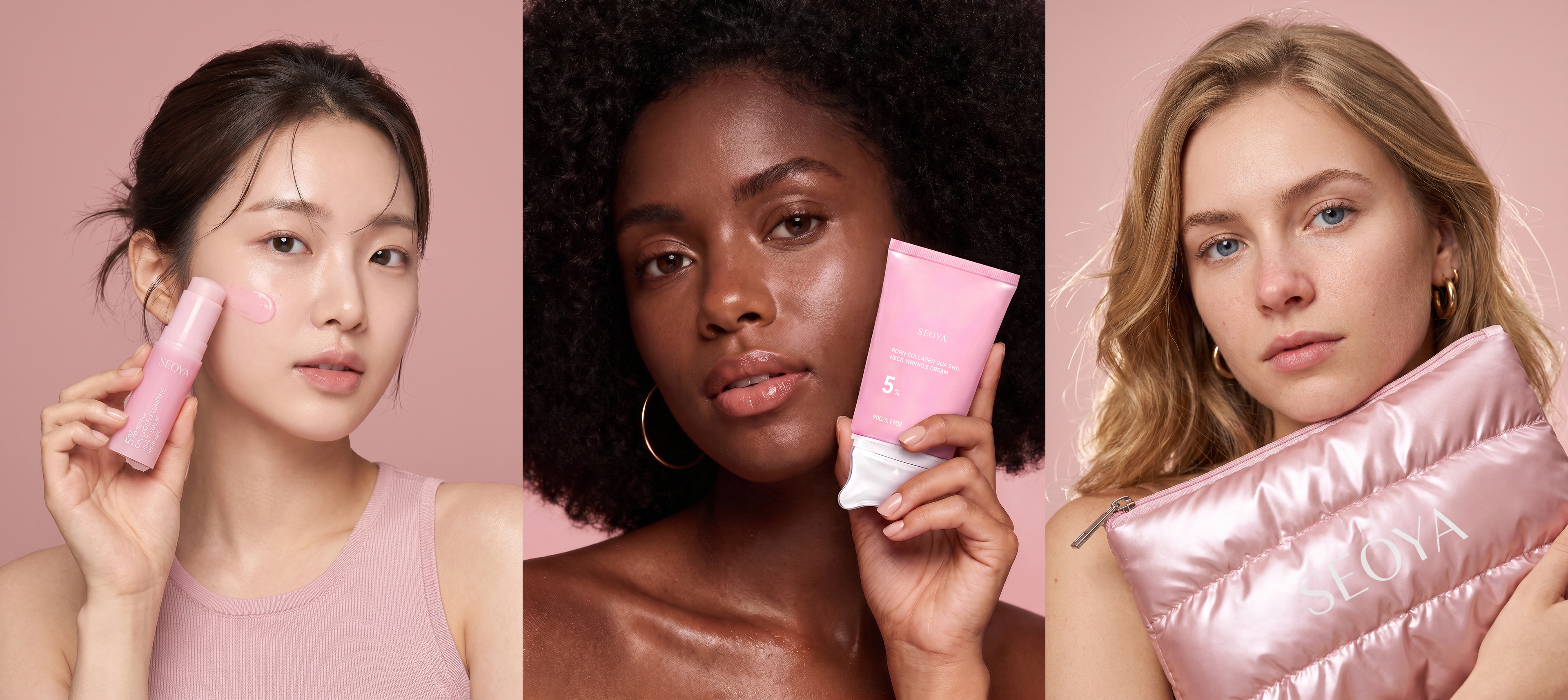 Trois femmes, trois produits SEOYA : le stick La Retouche, la crème Le Lissage et La Trousse