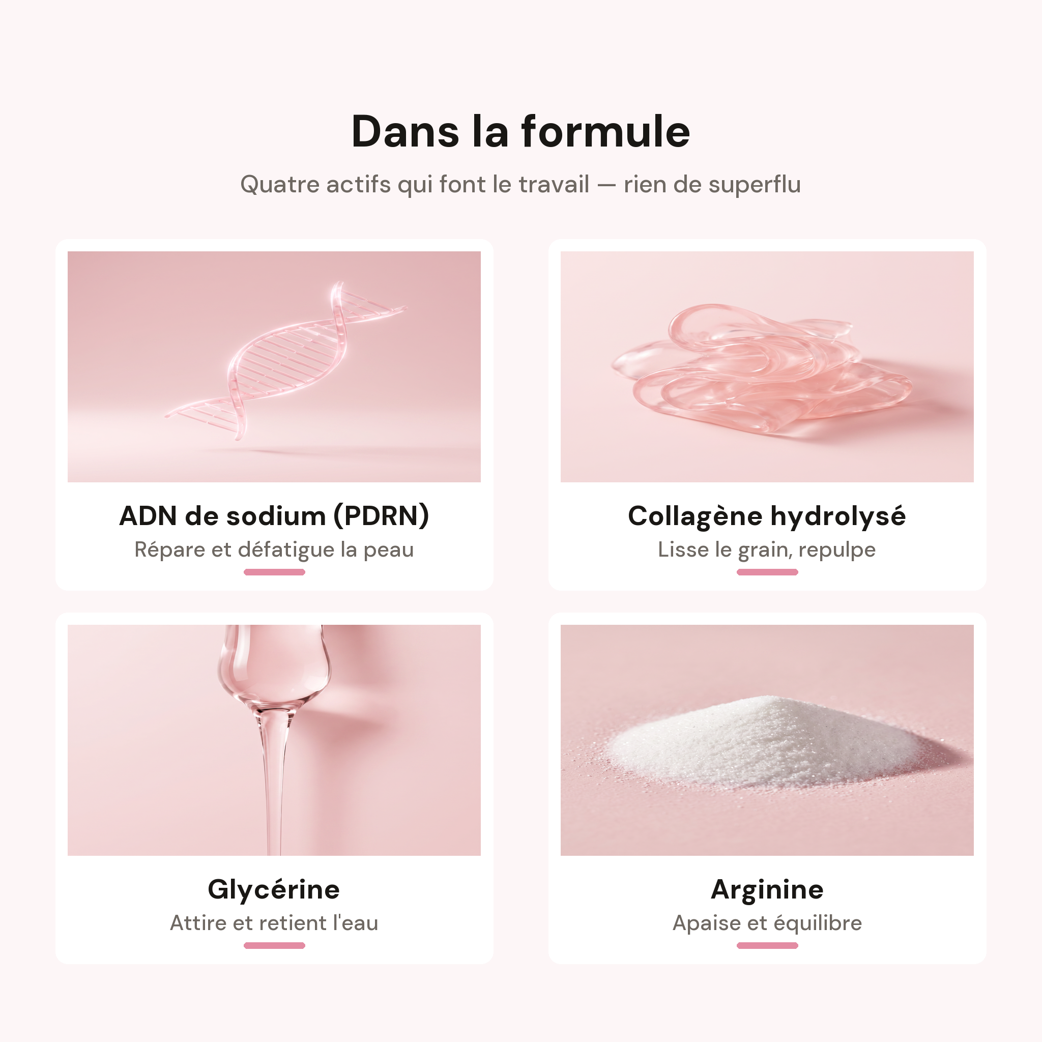 Dans la formule — PDRN, collagène hydrolysé, glycérine, arginine