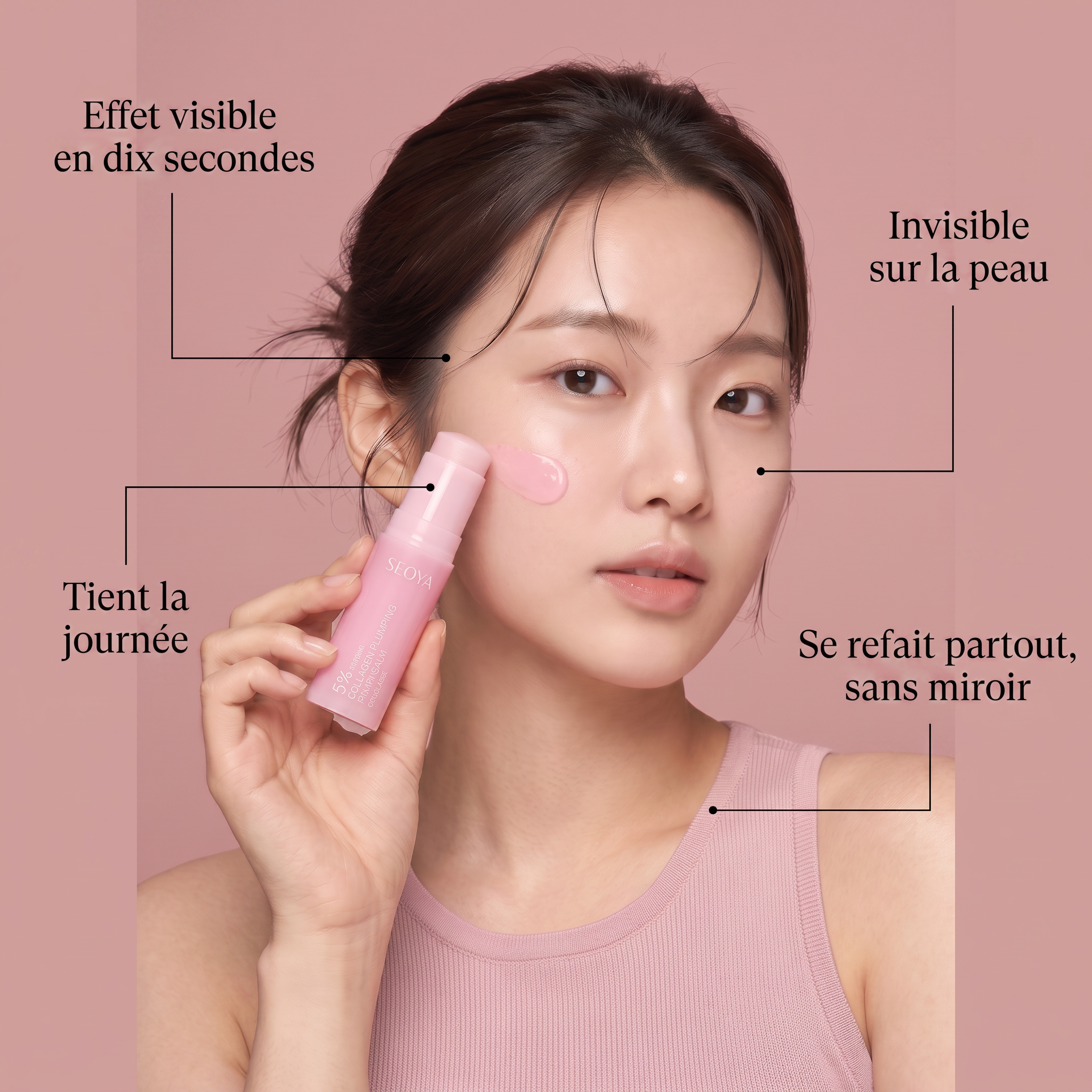 Les 4 promesses de La Retouche : effet visible en dix secondes, invisible sur la peau, tient la journée, se refait partout sans miroir