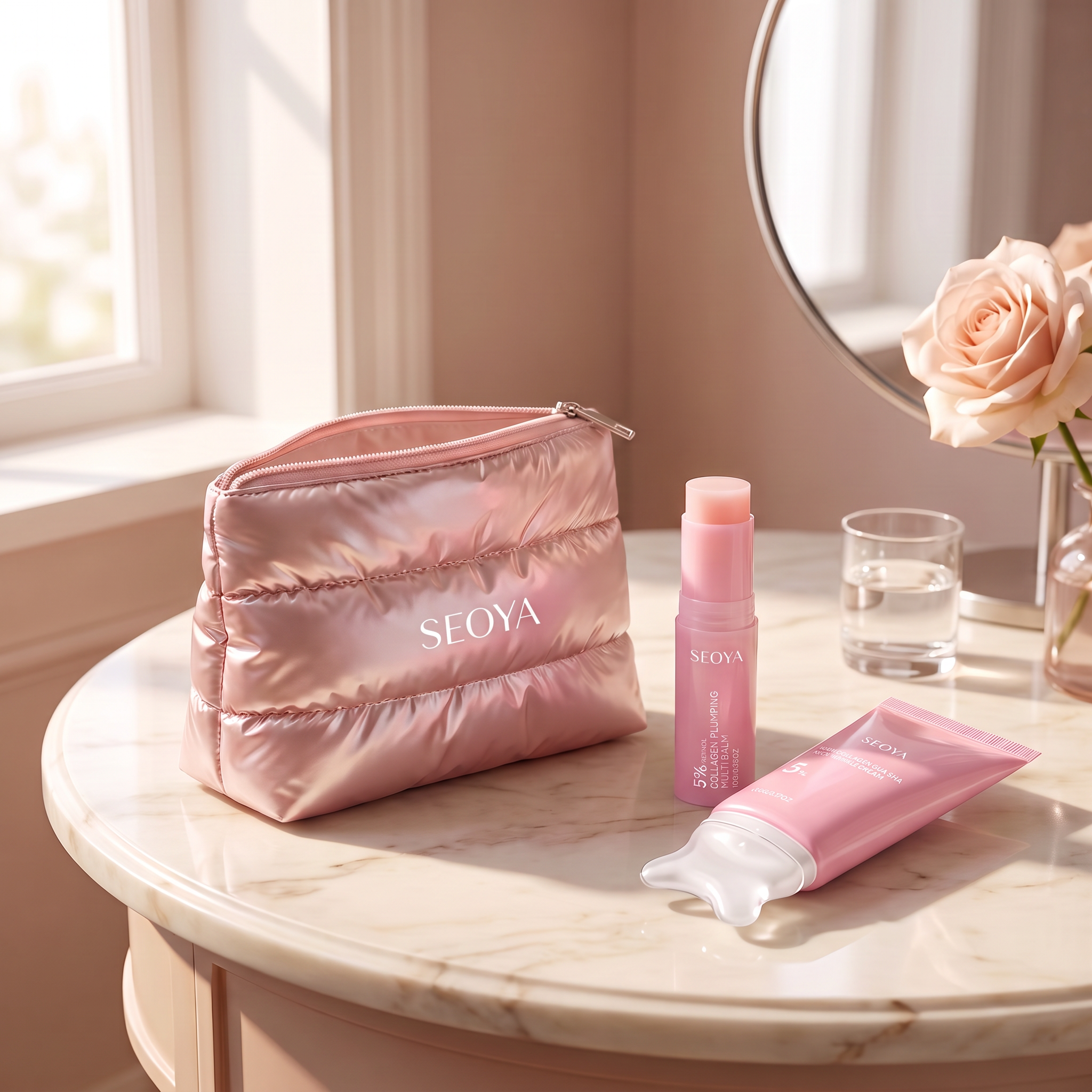 La trousse SEOYA ouverte sur une coiffeuse en marbre, avec La Retouche et Le Lissage à côté