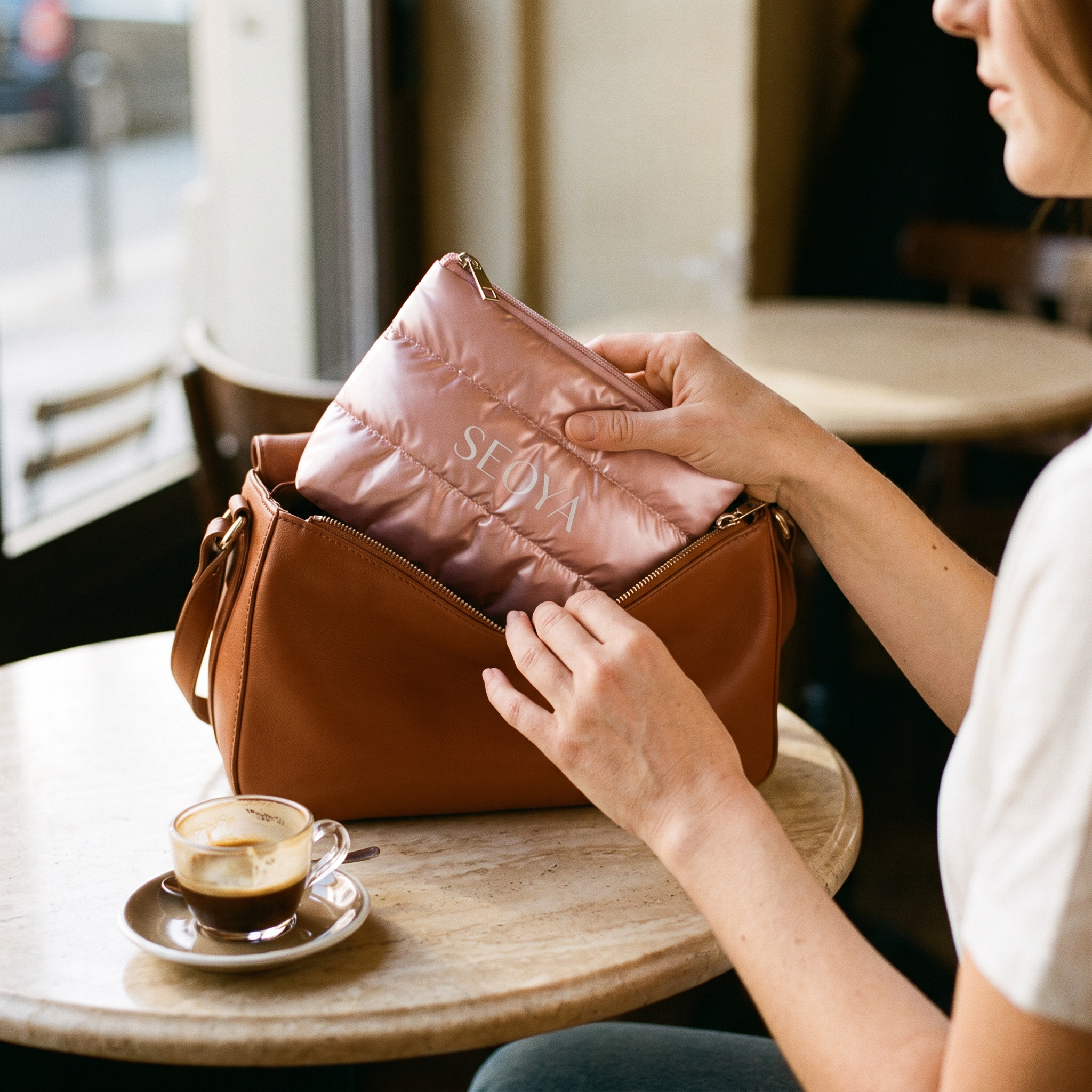 La trousse SEOYA glissée dans un sac en cuir, au café