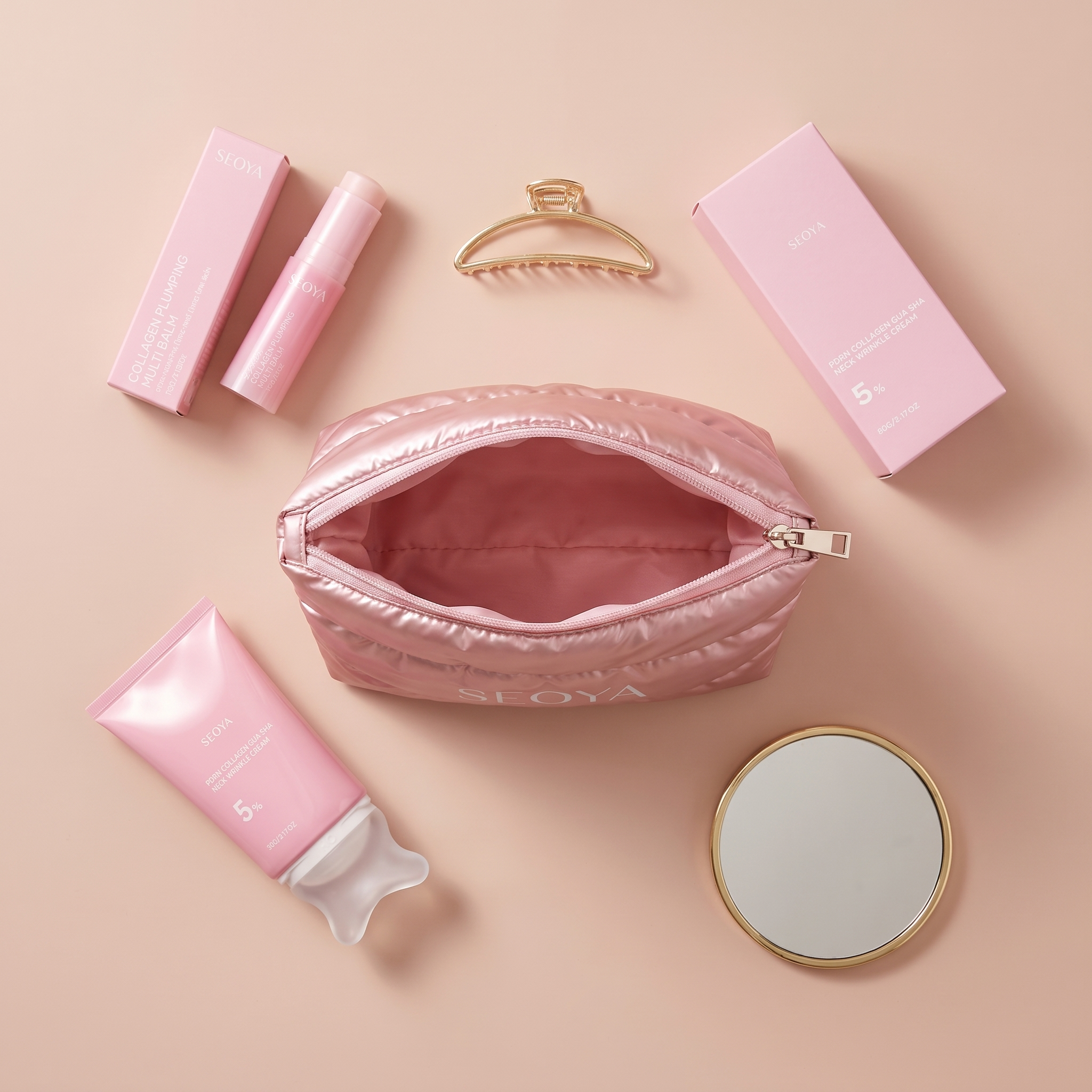 La trousse SEOYA ouverte, avec La Retouche, Le Lissage et les essentiels